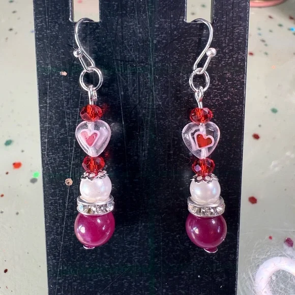 Artisan Red Dyed Agate/Jade Composite, Glass Pearls & Crystal Beads 3 piece Set - Picture 6 of 11